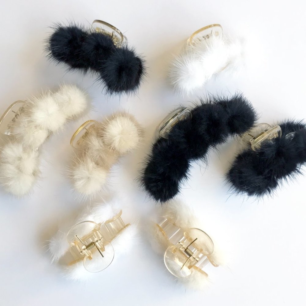 Small Mink Pom Pom Hair Clip Hair Jaw Claw • Black Tan or White • Genuine Fur - Picture 13 of 16